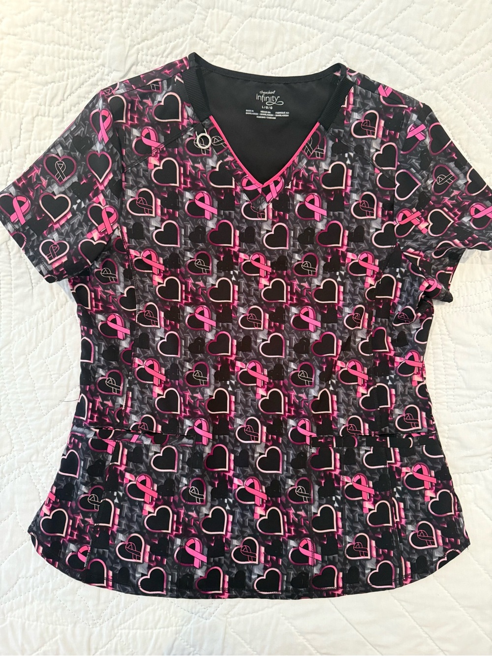 Cherokee Black & Pink V-Neck Short Sleeve Scrub Top
